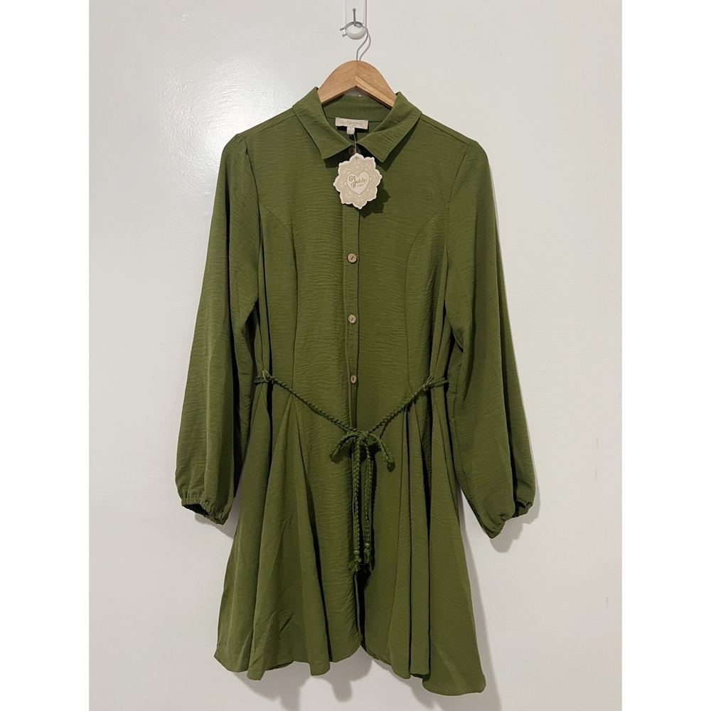Indulge In Style Olive Green Button Front Shirt Dress XL NWT Boho‎ Fit & Flare